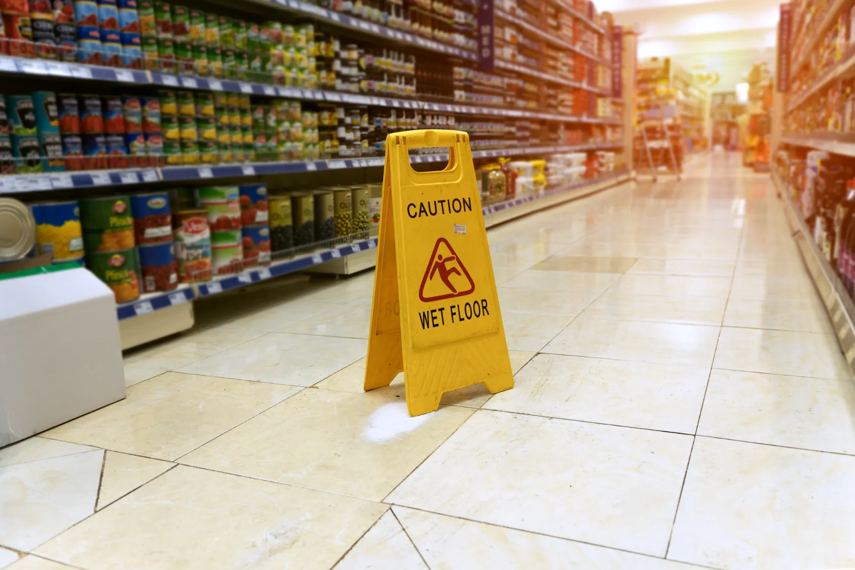 Wet floor sign in a grocery store.